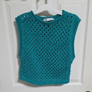 Zara Womens Teal Open-Knit Sleeveless Tank